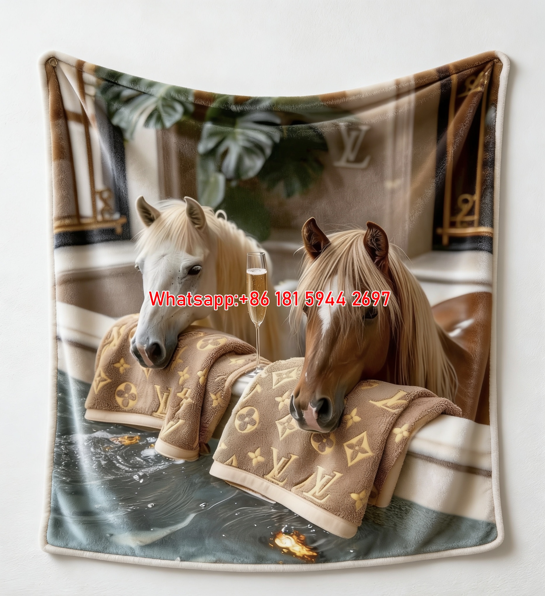 Luxury Horse & Champagne Flannel Throw Blanket 267